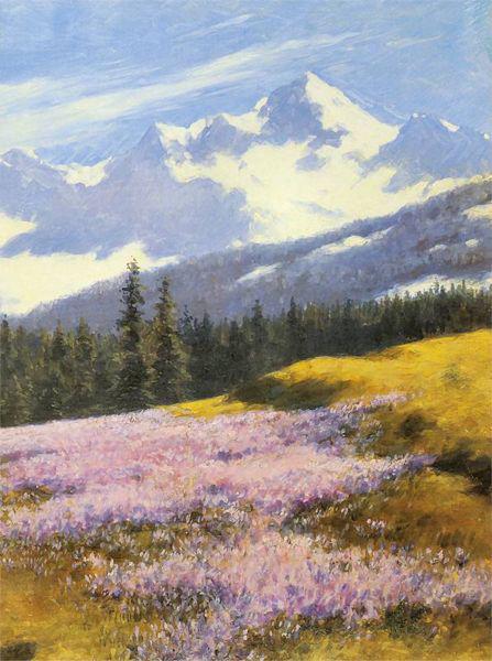 Stanislaw Witkiewicz Crocuses with snowy mountains in the background oil painting picture